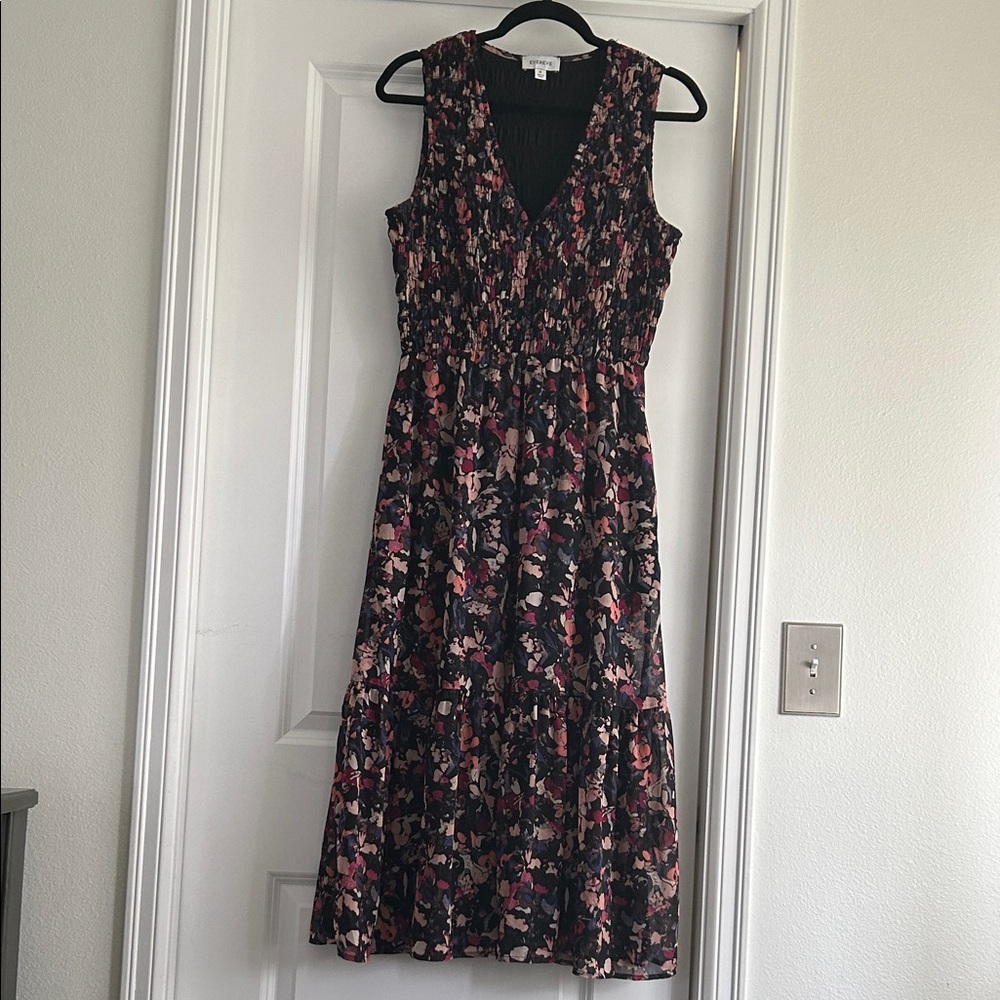 Evereve Black and Pink Floral Midi Dress with Pockets!!!